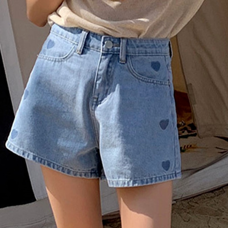 Summer High Waist Sweet Love Pattern Embroidery Denim Shorts Female Wide Leg A-line Mini Shorts Short Jeans Harajuku Cyber Y2k